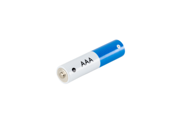 A single AAA alkaline battery, an object providing power and energy to electronics. A source of electricity, isolated on white background with clipping path.