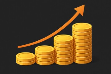 A stack of gold coins increases in height, with an upward arrow indicating growth. The background is dark, upward trend