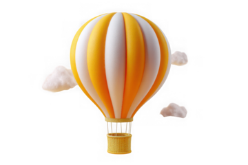 Whimsical yellow and white hot air balloon with fluffy clouds isolated on transparent background