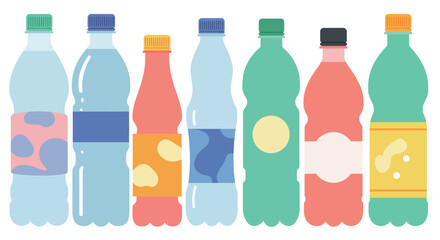 Colorful plastic bottles with various label designs on white background
