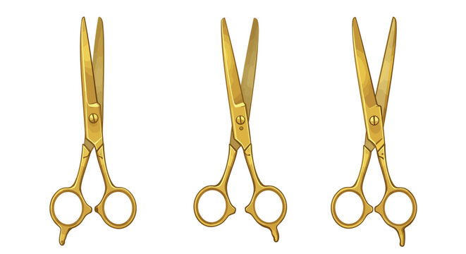 Gold scissors trio on white background with open and closed blades