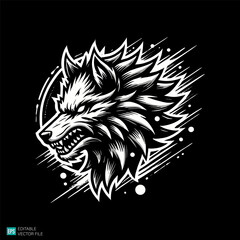 Wolf head with splash  illustration style vector black and white background templates
