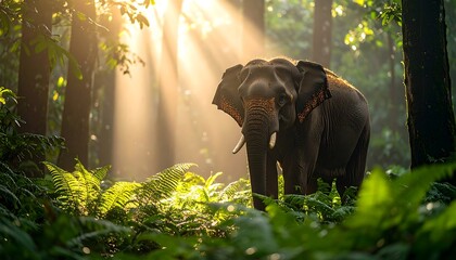 Fototapeta premium Majestic Wild Elephant Standing in Sunlit Tropical Forest with Golden Light Rays