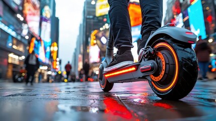 Fototapeta premium Sleek electric scooter parked on an urban street, [sustainable transport], [city mobility].