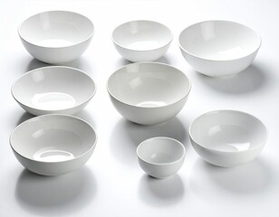 White Ceramic Bowl Set Arranged On Pure White Background with Reflections