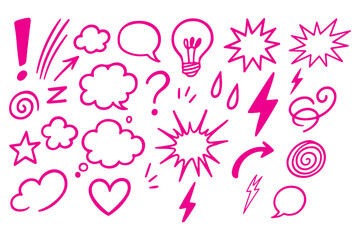 Set of black hand drawn anime manga doodle grunge line elements curved charcoal, chalk arrows, speech bubble, abstract shapes, graphic effects for character emotion. Scribble stroke symbols vector