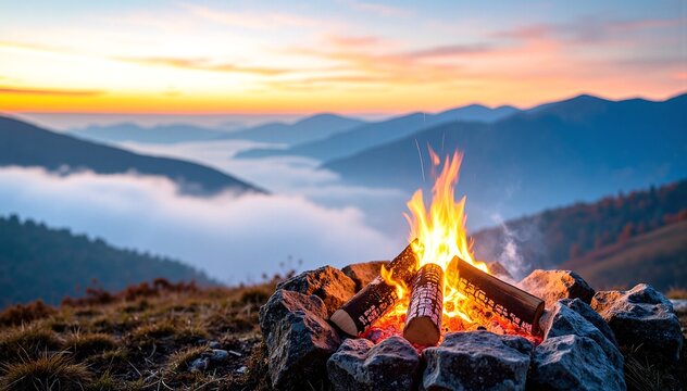 A vibrant campfire crackles amidst a circle of rugged, weathered rocks, casting warm light and shadows in a serene outdoor setting.