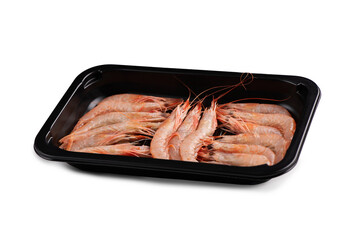 Close up of shrimps in a box. Isolated on a white background.
