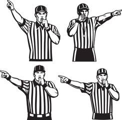 Set of four referee illustrations with different whistle-blowing and pointing gestures. Useful for sports icons or rule communication.