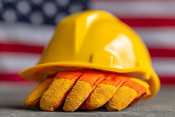 Yellow hard hat and safety work glove. Worker protection equipment. Labor day concept represented by construction worker gear.