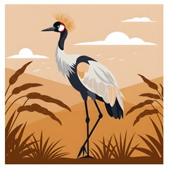 Fototapeta premium A regal crane stands tall in a stylized savanna landscape, observing.