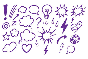 Set of black hand drawn anime manga doodle grunge line elements curved charcoal, chalk arrows, speech bubble, abstract shapes, graphic effects for character emotion. Scribble stroke symbols vector