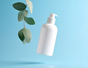 White Skincare Bottle And Eucalyptus Leaf Floating Against Light Blue Background