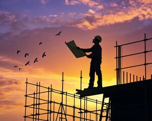 "Silhouette of Construction Worker with Blueprint on Scaffolding | Sunset Background | Inspirational Labour Day Banner" beautifull