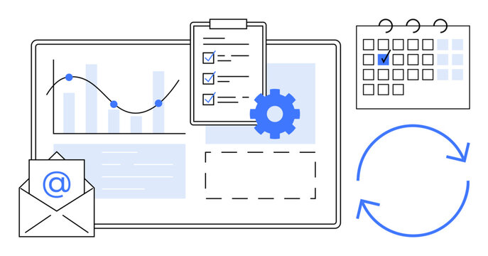 Digital dashboard featuring charts, checklist, calendar, email, and process arrows. Ideal for productivity, organization, management scheduling planning workflow analytics. Clean flat simple