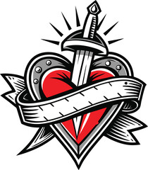 Fototapeta premium Heart pierced by sword with banner black vector icon