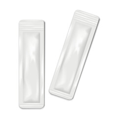 Blank white four-side seal long sachet pouch. Realistic vector mock-up. Stick pack plastic bag. 3d mockup. Food, medical product single dose, cosmetics sample individual package. Template for design