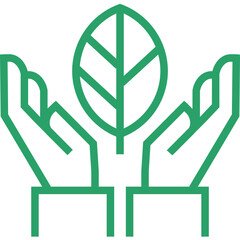 Green leaf held gently between two stylized hands symbolizing care for nature and environmental protection