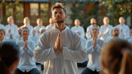 Group meditation session led by instructor in serene outdoor setting during golden hour