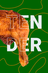 Vertical pop poster banner collage of crispy chicken leg grilled meat nuggets carbs fast food...