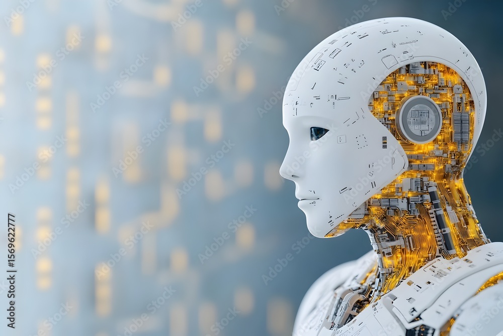 Poster artificial intelligence robot head with exposed circuits. futuristic android with golden glowing ins