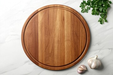 Chopping board with knife, fresh herbs and garlic, natural lighting, 3D illustration