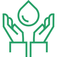 Green line art icon of cupped hands holding a water droplet symbolizing care for water resources