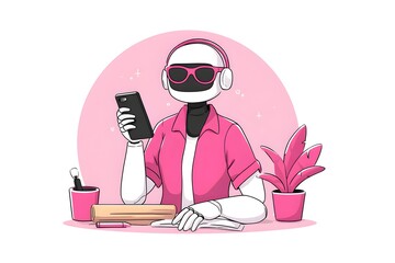 A robot person wearing headphones and sunglasses looking at a smartphone at a desk. Artificial intelligence and technology concept for communication.