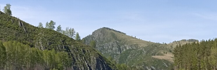 Fototapeta premium Picturesque Mountain Landscape with Lush Greenery and a Clear Blue Sky Backdrop, Panoramic View