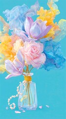 colorful art, spring composition of flowers folded into a bright bouquet standing in a crystal exquisite vase on a city blue background. Spring painting for a modern apartment interior