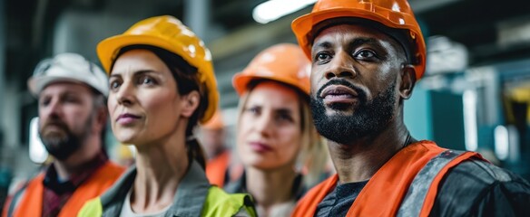 The workers in safety gear demonstrating teamwork and focus in an industrial setting.
