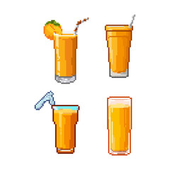 Pixel Art Orange Juice Mango Smoothie Glasses Refreshing Drinks. Refreshing collection of four distinct pixel art glasses filled with vibrant orange juice or mango smoothie
