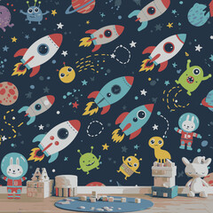 A playful space-themed wallpaper featuring rockets, planets, and friendly aliens adds a whimsical touch to a child's room, creating an imaginative atmosphere.