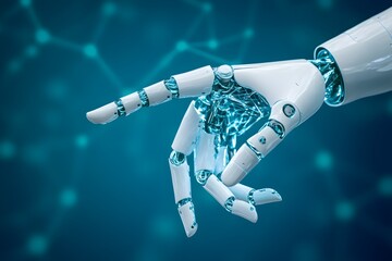 Robot finger pointing to the side on a blue background, concept of future technology and artificial intelligence.