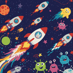 Whimsical vector illustration featuring cute rockets, friendly monsters, and colorful stars against a deep blue space background, perfect for children's designs.