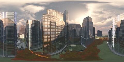 Panorama of the city. Environment map. HDRI map. equidistant projection. Spherical panorama.
