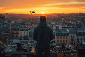 On an urban rooftop, a mechanic and hovering drone work together to fix a flying car. A cityscape unfolds in the background under the warm hues of the sunset
