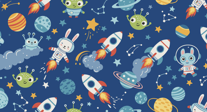 A whimsical illustration showcases a vibrant space-themed pattern featuring rockets, friendly aliens, planets, stars, and adorable space bunnies on a deep blue background.