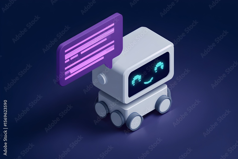Poster an isometric 3d render of a cute robotic character icon for artificial intelligence communication. r