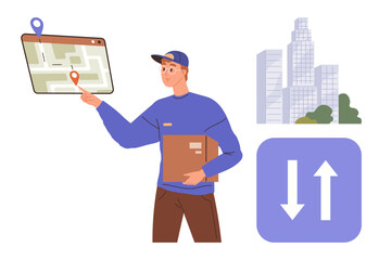 Courier holding a package and pointing at a digital map to locate delivery routes, cityscape in background, logistics icon. Ideal for delivery, logistics, technology, navigation, shipping