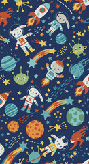A whimsical illustration showcases adorable astronaut bunnies floating through a vibrant space scene with planets, rockets, stars, and friendly aliens on a dark blue background.