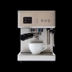 Compact espresso machine with sleek metal body, featuring user friendly interface and steam wand for frothing milk, perfect for coffee enthusiasts
