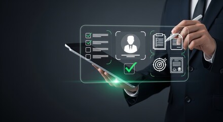 Digital Recruitment Interface on Tablet – HR Candidate Selection Concept with Green Check Mark