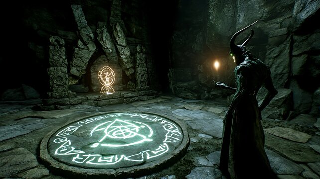 A humanoid alien explorer deciphering glowing ancient runes hidden deep within a mysterious cave
