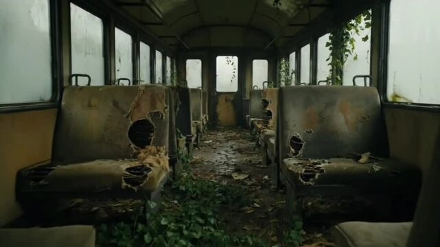 The camera glides through an empty train carriage. seats are torn, the windows fogged, and vines creep across the floor.