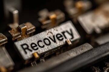 Macro typewriter metal arm with word Recovery concept in rustic detail