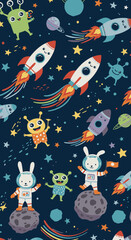 Whimsical cartoon aliens and astronauts in spacesuits explore the cosmos with colorful rockets and planets, creating a fun, imaginative scene.