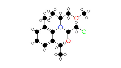 metolachlor molecule, structural chemical formula, ball-and-stick model, isolated image herbicide