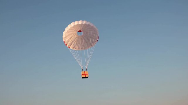 White round parachute with central hole descending slowly against a clear blue sky, carrying a cardboard box, representing online shopping delivery