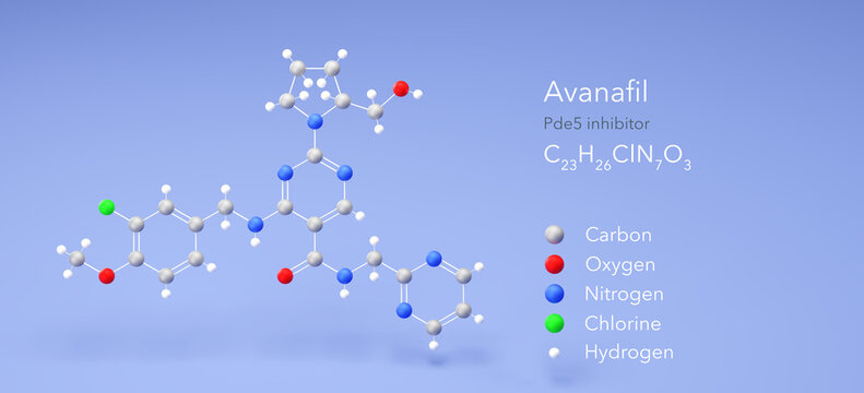 avanafil molecule, molecular structure, pde5 inhibitor 3d model, Structural Chemical Formula and Atoms with Color Coding